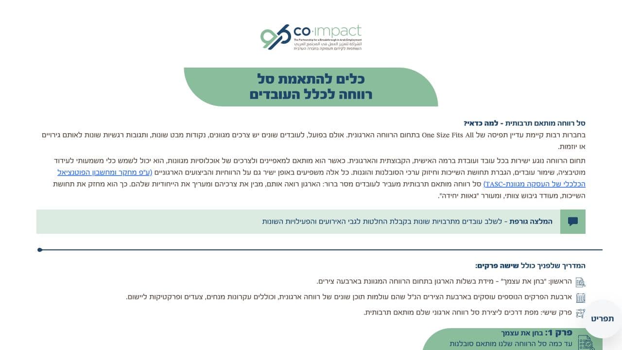 A Hebrew guide site for HR teams on building a culturally-adapted employee-benefits package — one scrolling page across six chapters.